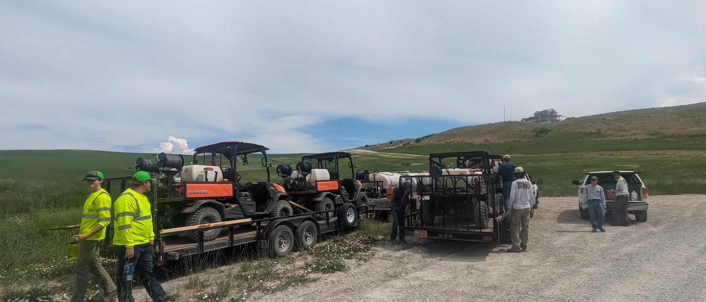 Crew trucks staged for a mustard work day